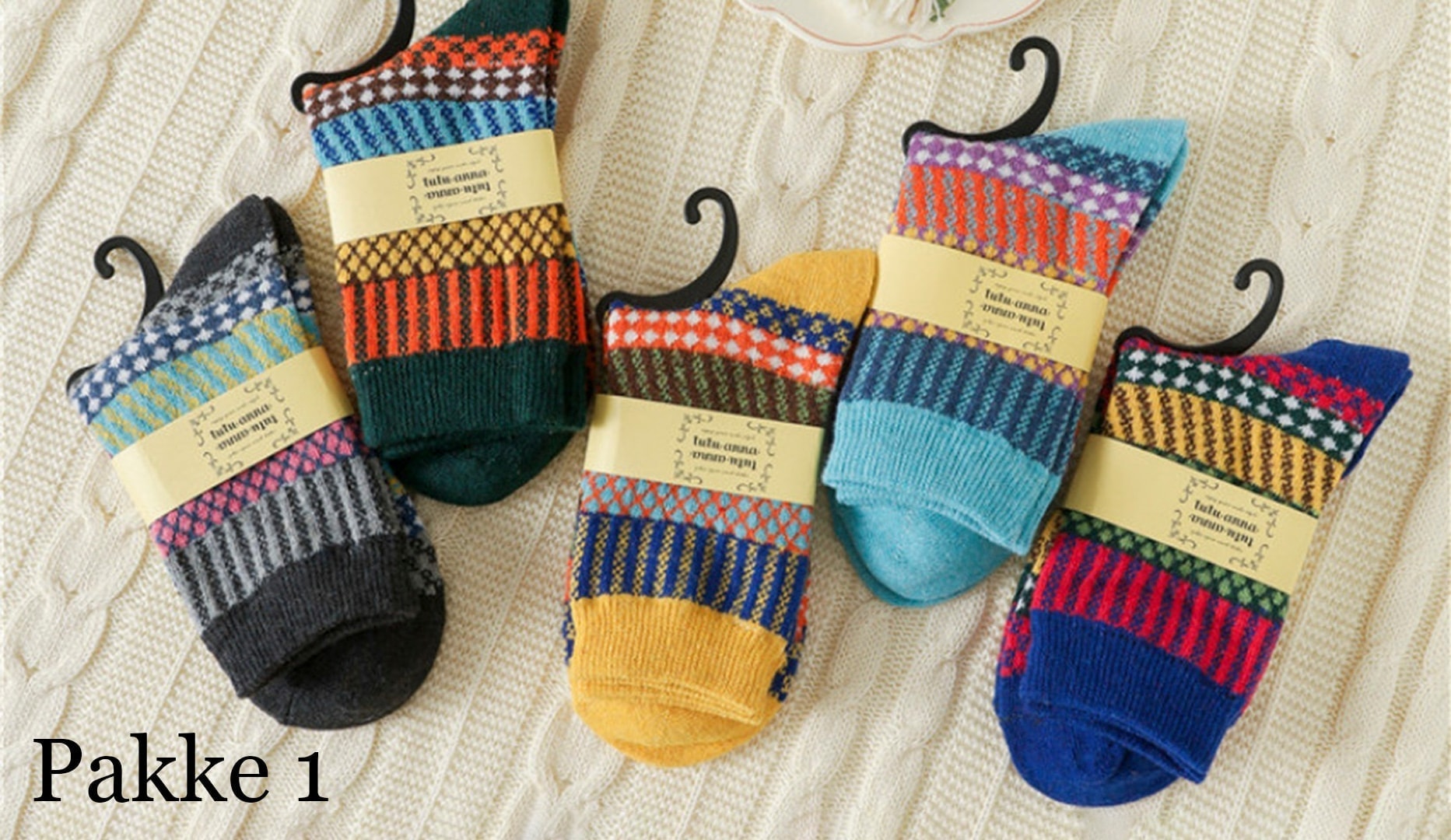 5 par farverige uld-striksokker