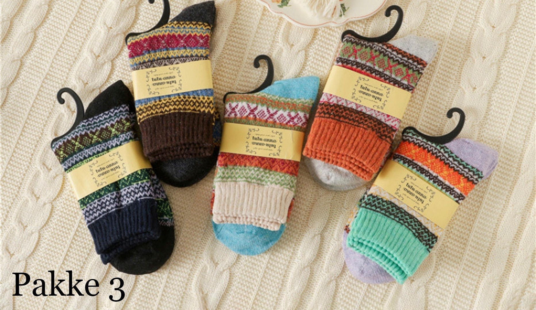 5 par farverige uld-striksokker