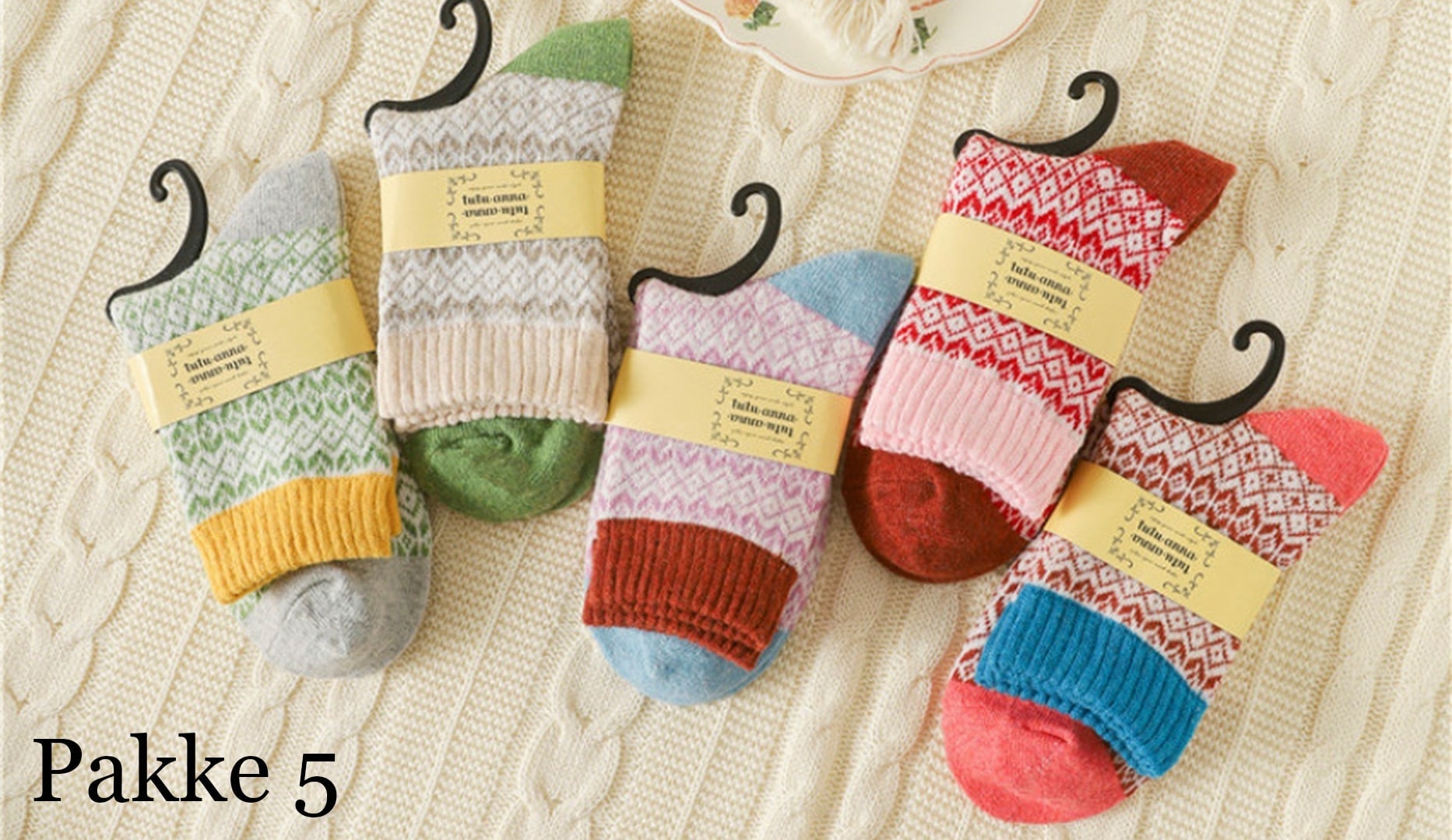 5 par farverige uld-striksokker